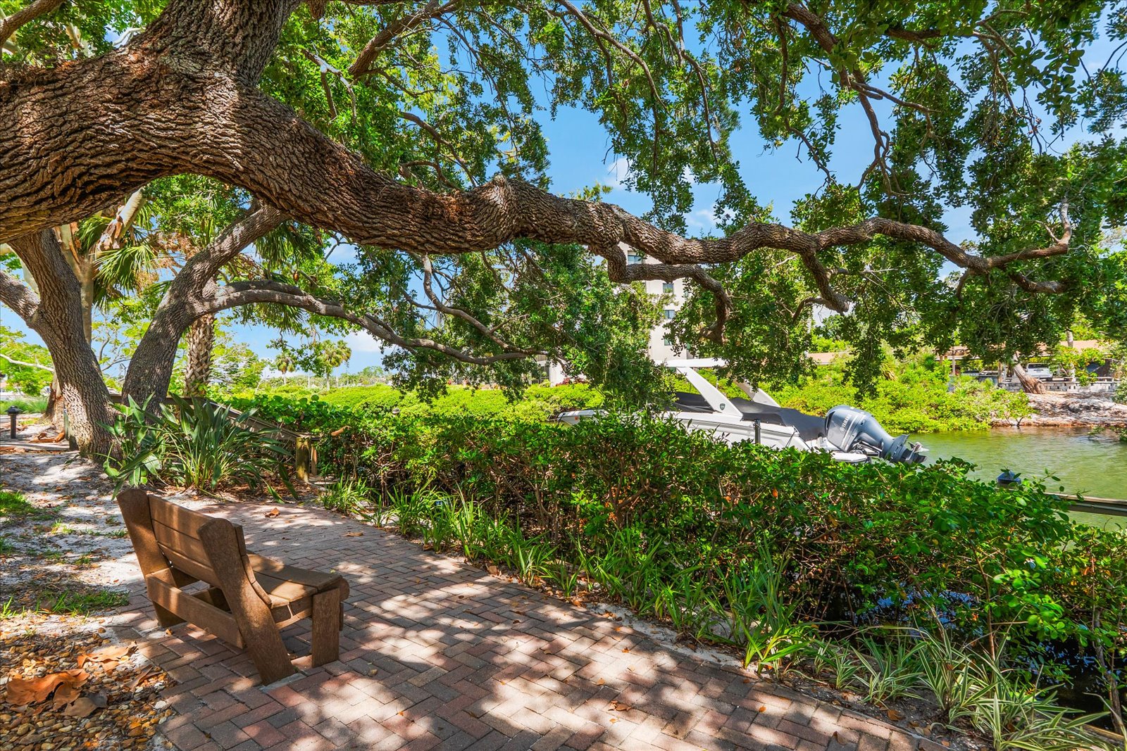 heated pool with chairs and tropical plants beside marina